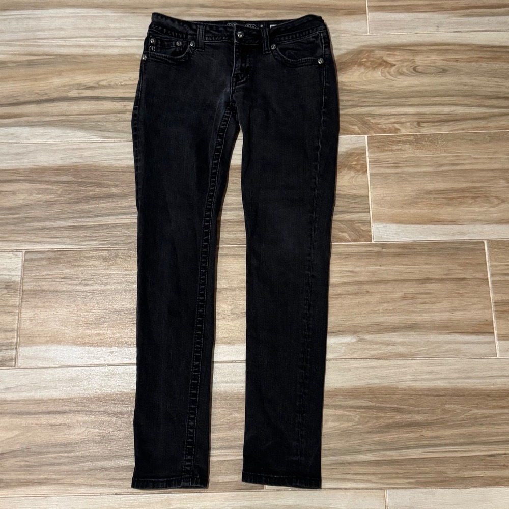 Miss Me JP6113S Skinny Jeans Black Faded Fleur De Lis Studded Low Rise 29